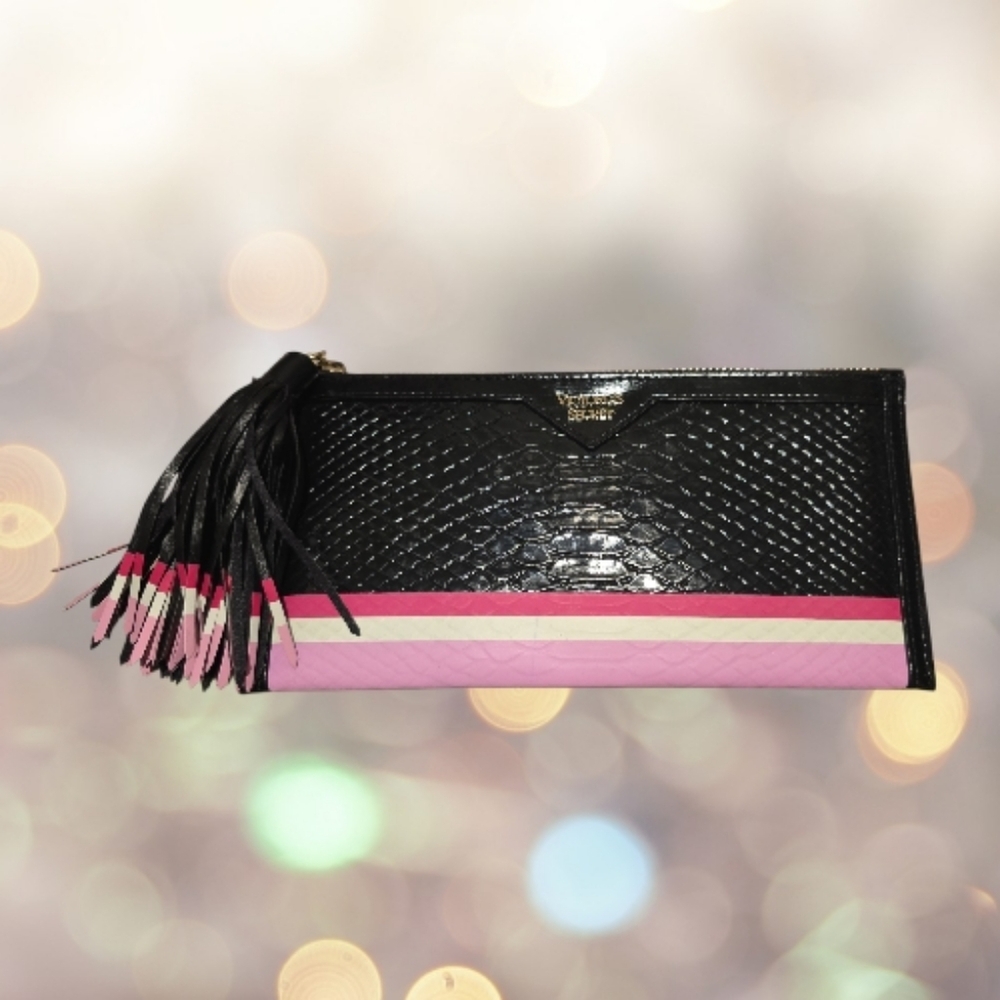 Victoria’s Secret Slim Clutch Makeup Bag with Tassel Black & Pink